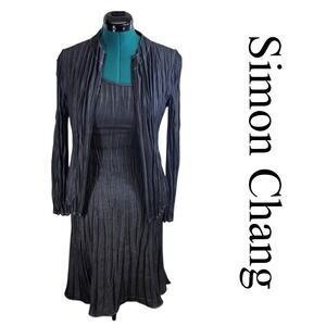 Simon Chang Mens Gray Pleated Crinkle 2 Piece Dress and Zip Jacket Set Size 6